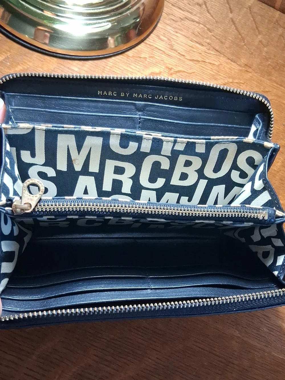 Marc by Marc Jacobs Black Leather Accordion Zip Around Wallet with Gold Hardware